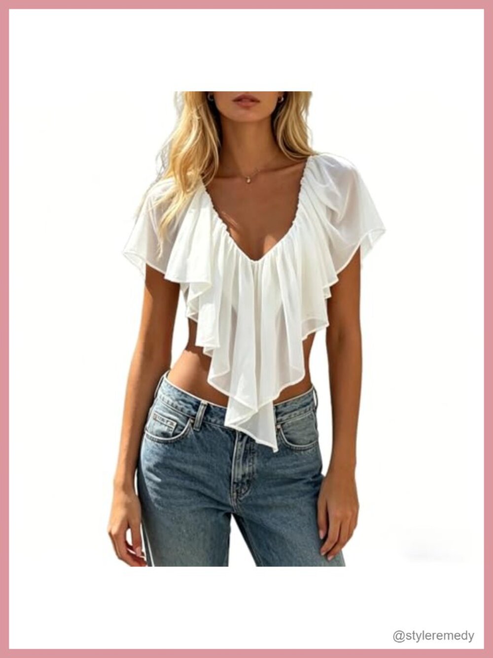 Women Ruffled V Neck Crop Top Lace Flutter Sleeve Tie Back Boho